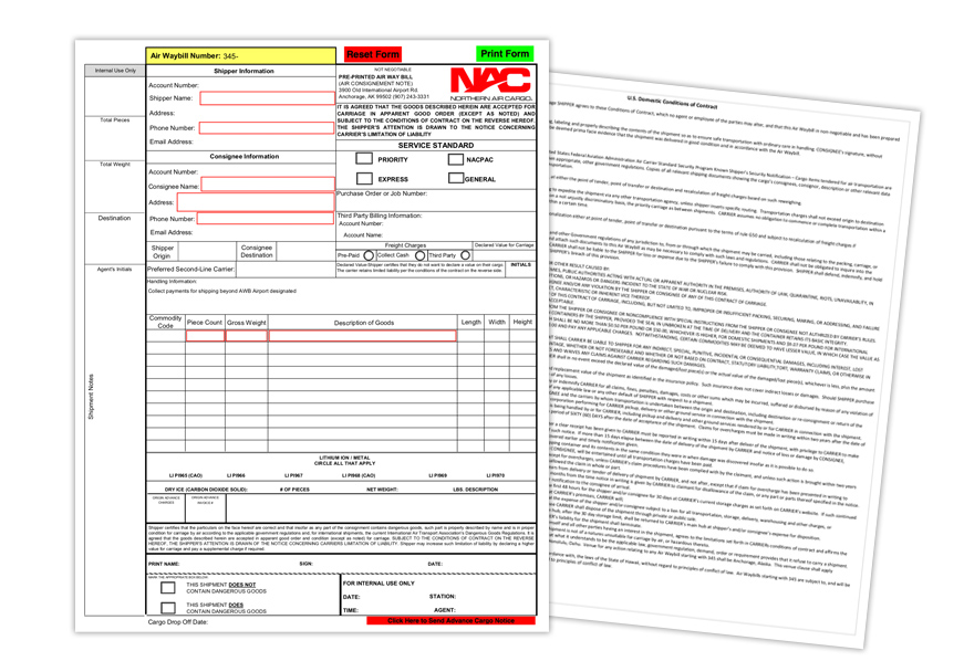A photo of the NAC Pre-waybill template.