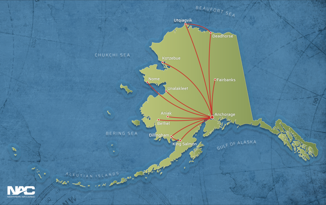 A map of Alaska that indicates all of the places that Northern Air Cargo ships cargo. 